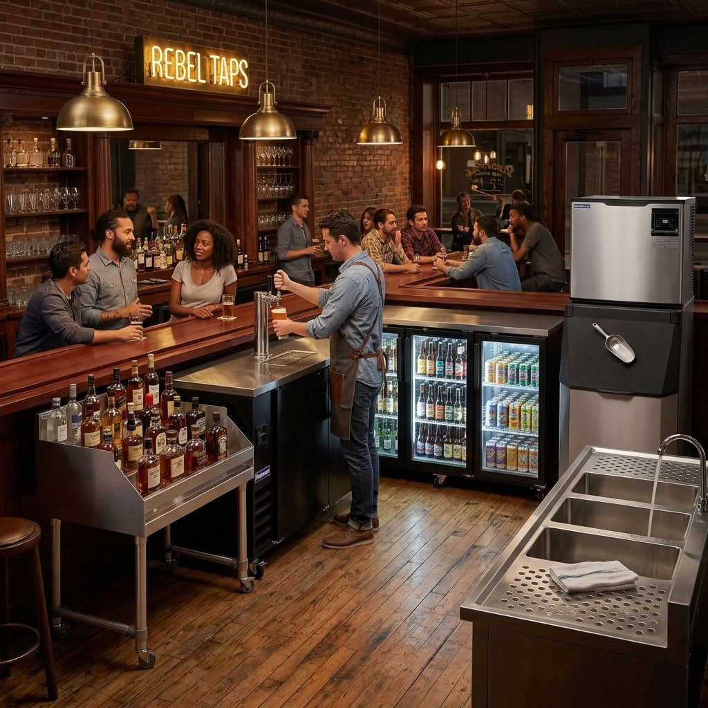 Commercial kegerator with a draft tower on the bar as a bartender pours a beer