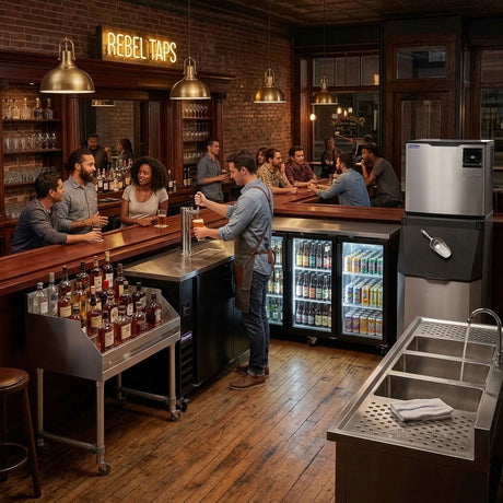 Commercial kegerator with a draft tower on the bar as a bartender pours a beer