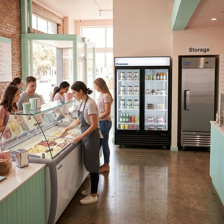 Commercial ice cream freezer and dipping cabinet being scooped in a busy scoop shop