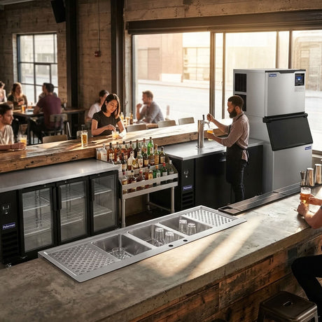 Back bar cooler with glass doors running the length of a commercial bar underbar