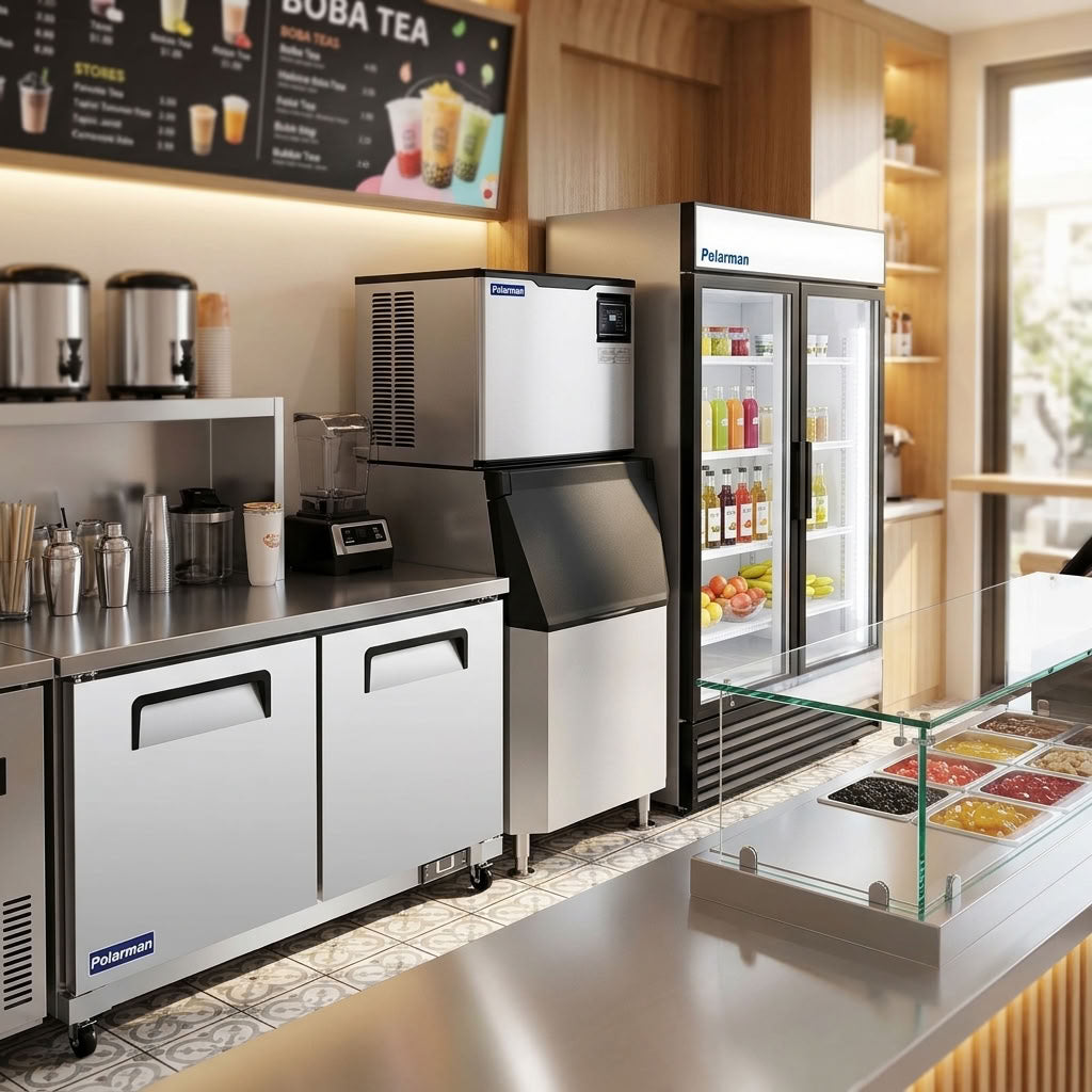 Commercial ice machine with storage bin on a cafe service line beside a glass door merchandiser