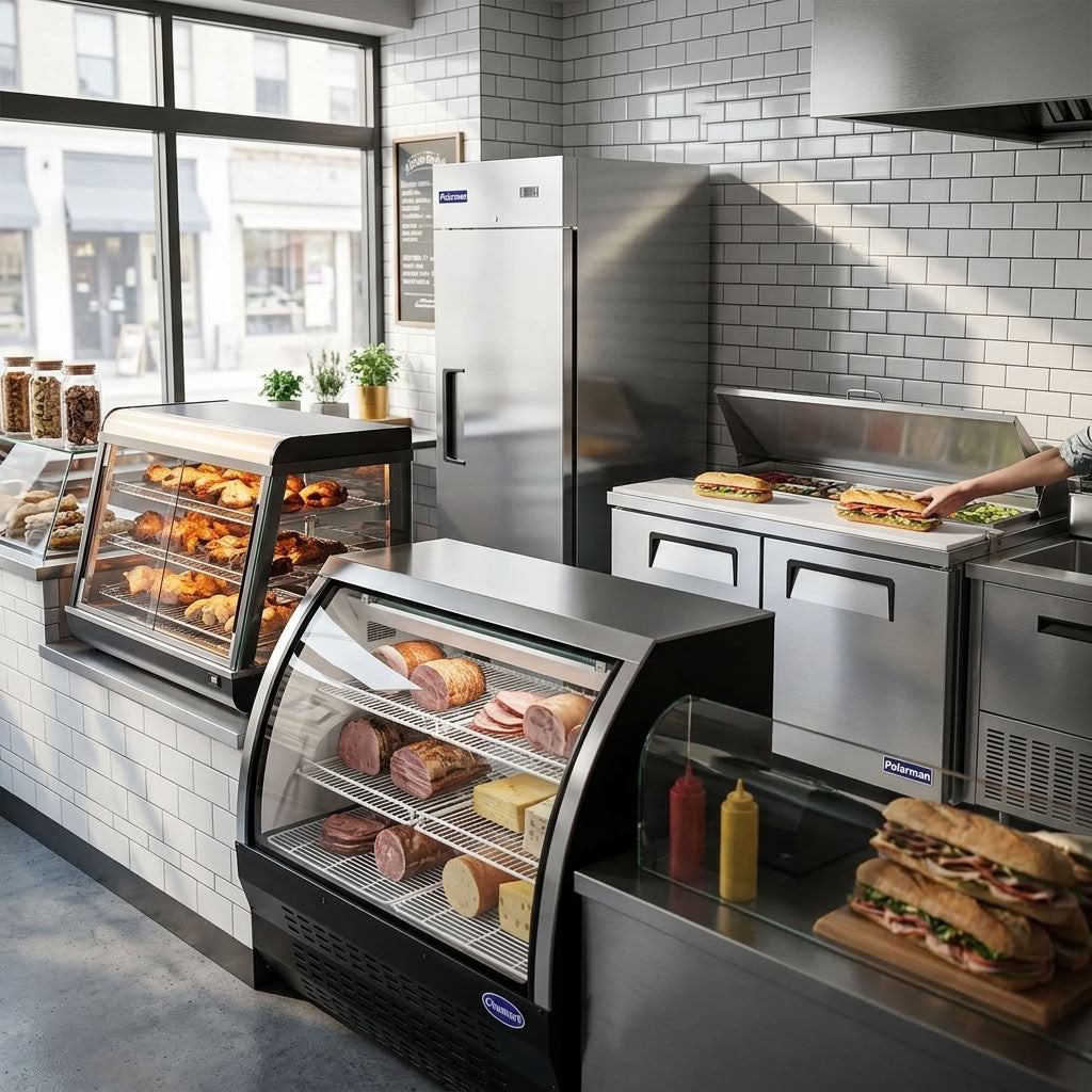 Deli case with curved glass holding sliced meats and cheeses in a sandwich shop