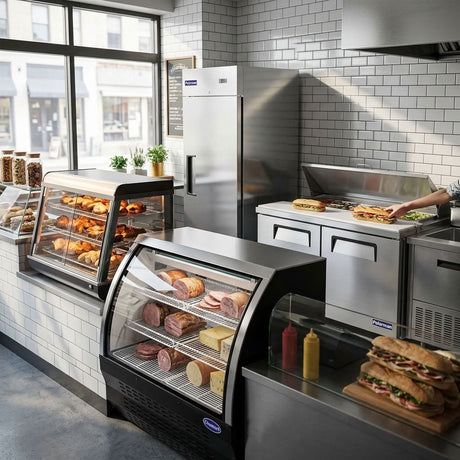 Deli case with curved glass holding sliced meats and cheeses in a sandwich shop