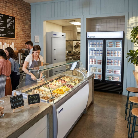Display freezer full of ice cream tubs beside a glass door freezer in a scoop shop