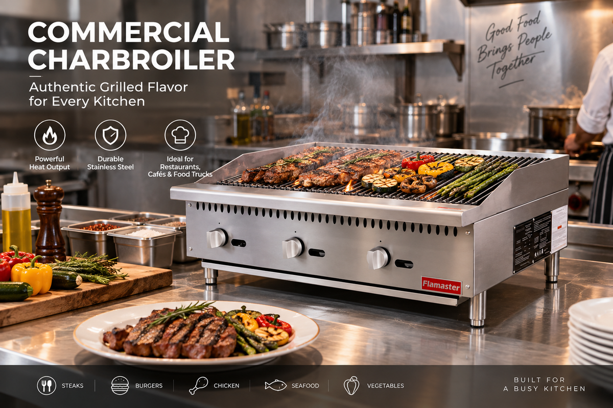 Commercial charbroiler grilling steaks and vegetables on cast iron grates in a kitchen