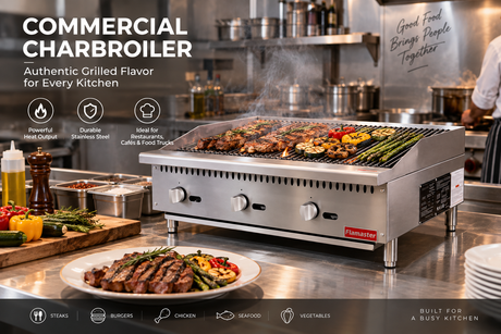 Commercial charbroiler grilling steaks and vegetables on cast iron grates in a kitchen