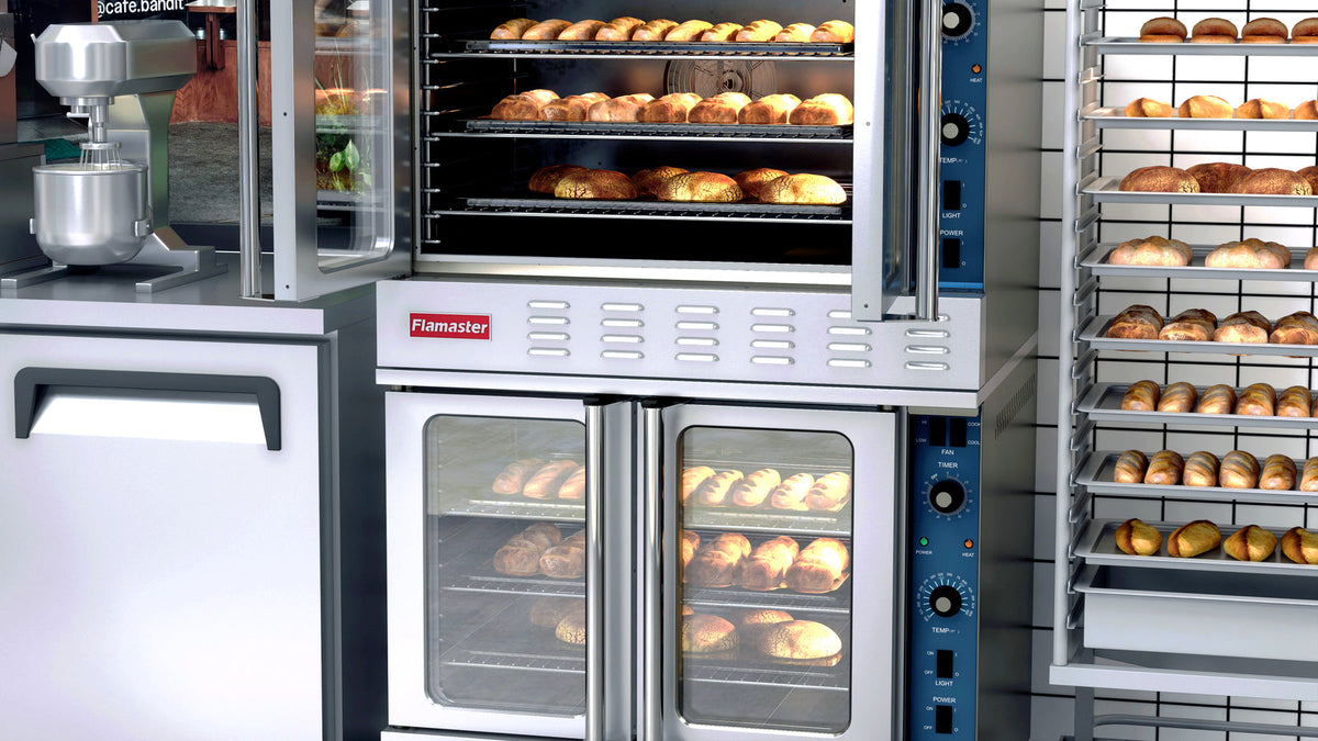 Flamaster double deck gas convection oven loaded with bread in a bakery kitchen