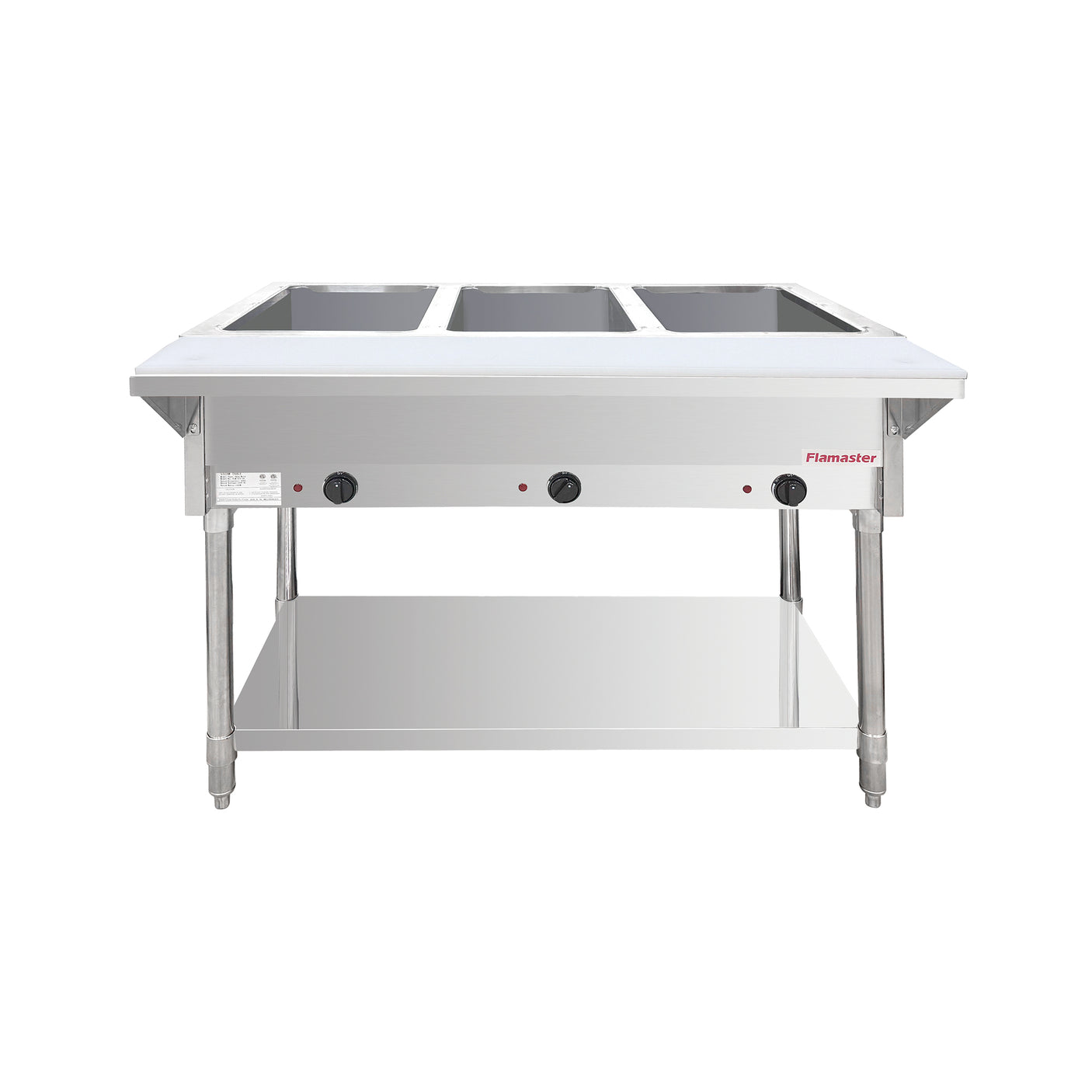 Flamaster FLM-ST3-SS Three Pan Open Well Electric Steam Table with Undershelf - 120V, 1500W