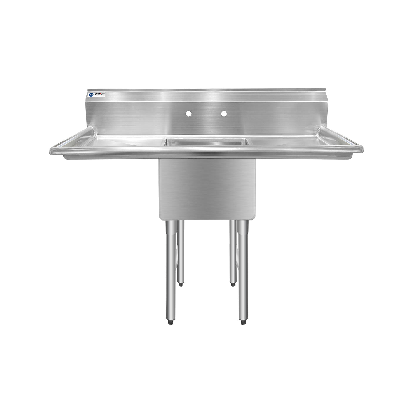 ChefAsst 55" CA-S1C181812-18LR-316 16-Gauge Stainless Steel Single Compartment Commercial Sink with Stainless Steel Legs and Two 18" Drainboards - 18" x 18" x 12" Bowl