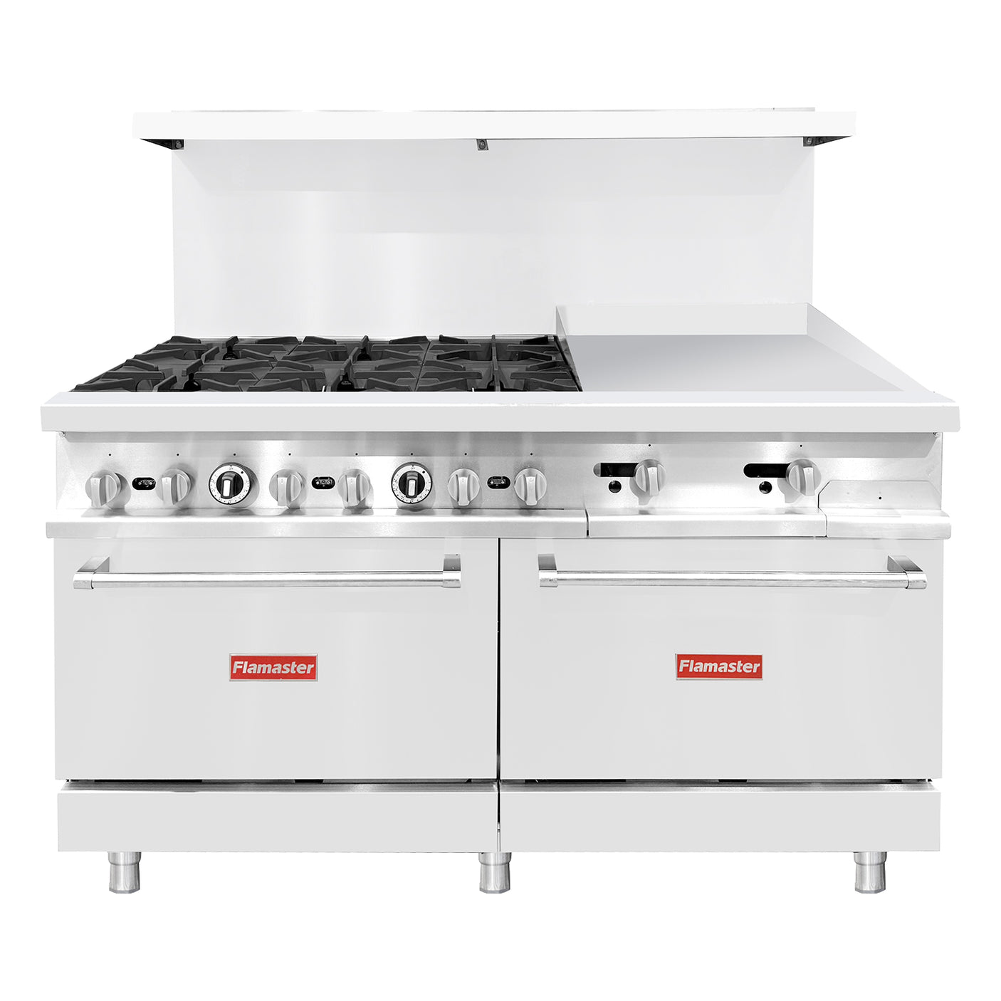 Flamaster FLM-R60-24MG 60" NG/LPG Commercial Gas Range, 6 Open Burners, 24" Griddle, and 2 Standard Ovens, 306,000 BTU