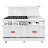 Flamaster FLM-R60-24MG 60" NG/LPG Commercial Gas Range, 6 Open Burners, 24" Griddle, and 2 Standard Ovens, 306,000 BTU