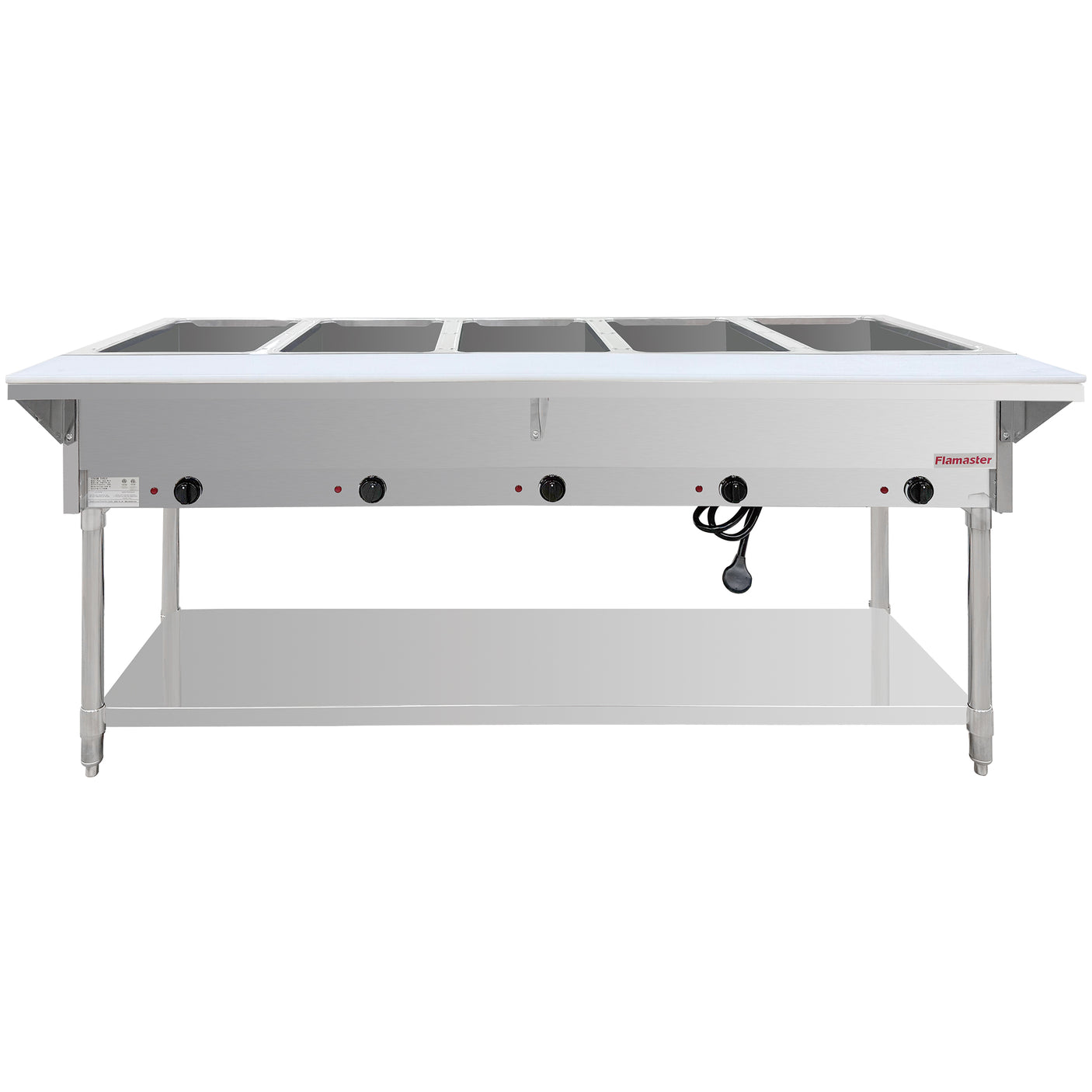Flamaster FLM-ST5-SS Five Pan Open Well Electric Steam Table with Undershelf - 240V, 5000W