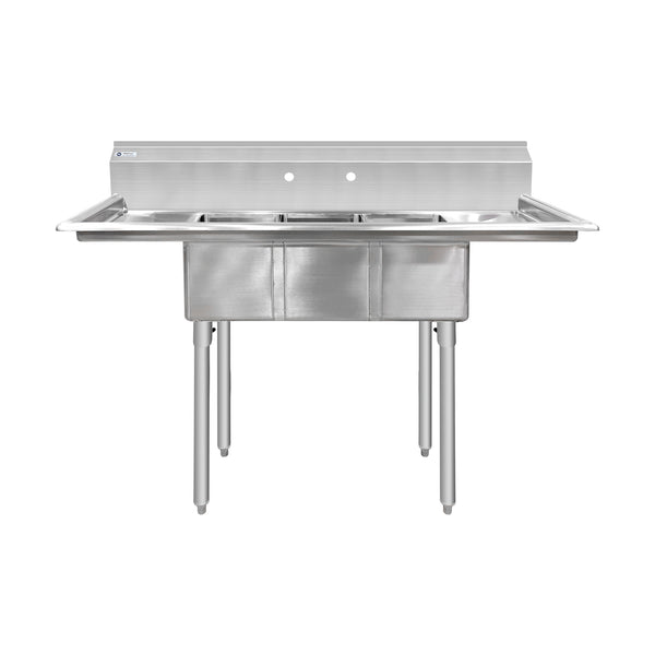 ChefAsst 54" CA-S3C101410-12LR-418 18-Gauge 430 Stainless Steel Three Compartment Commercial Sink with Galvanized Legs, Cross Bracing, and Two 12" Drainboards - 10" x 14" x 10" Bowl