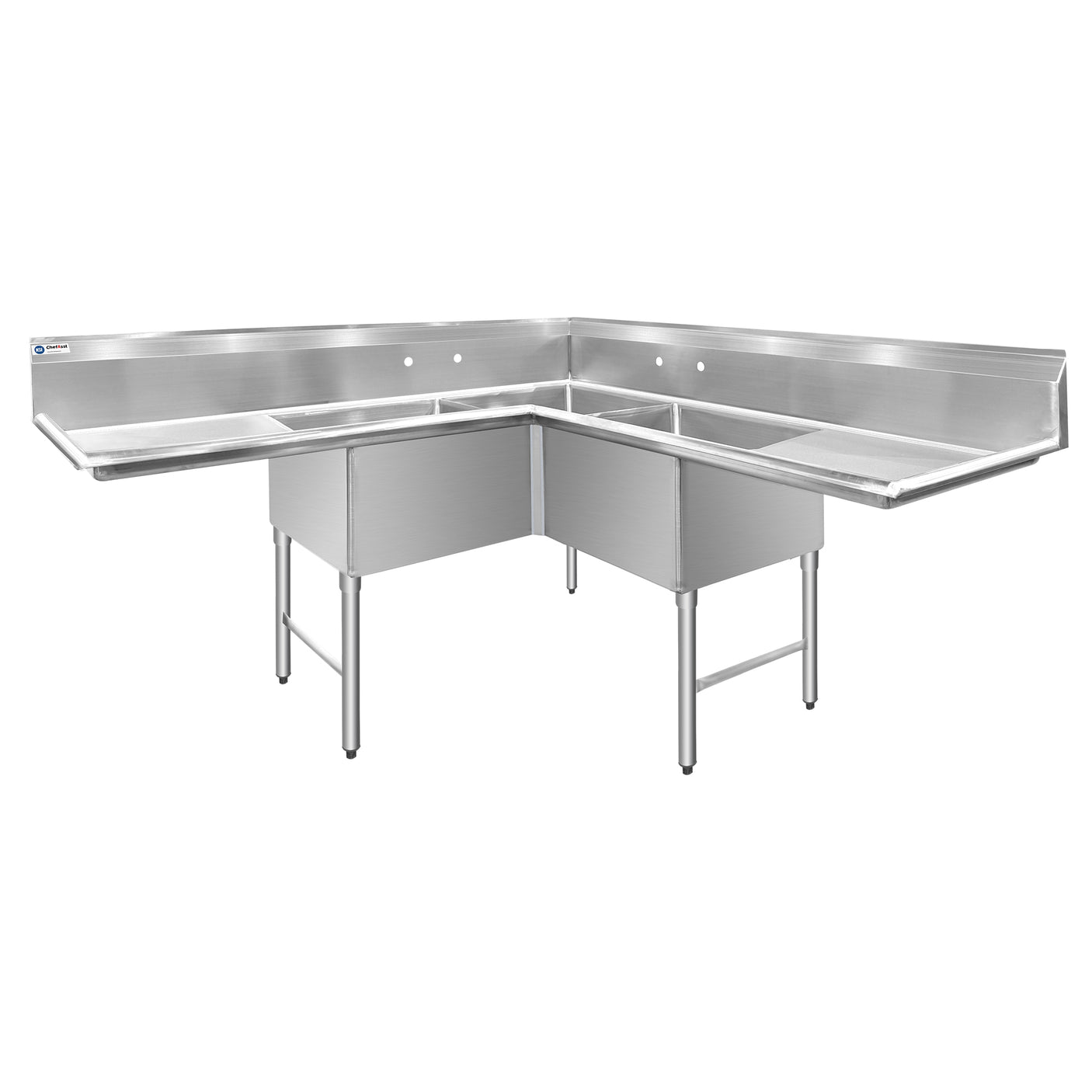 ChefAsst 57" CA-S3C181812C-18LR-316 16-Gauge Stainless Steel Three Compartment Commercial Sink with Stainless Steel Legs, Cross Bracing, and Two 18" Drainboards - 18" x 18" x 12" Bowl
