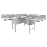 ChefAsst 57" CA-S3C181812C-18LR-316 16-Gauge Stainless Steel Three Compartment Commercial Sink with Stainless Steel Legs, Cross Bracing, and Two 18" Drainboards - 18" x 18" x 12" Bowl