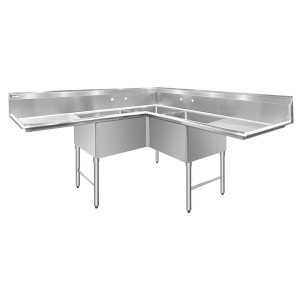 ChefAsst 57" CA-S3C181812C-18LR-316 16-Gauge Stainless Steel Three Compartment Commercial Sink with Stainless Steel Legs, Cross Bracing, and Two 18" Drain Boards - 18" x 18" x 12" Bowl