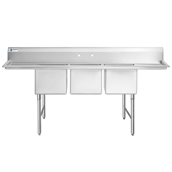 ChefAsst 91" 16-Gauge Stainless Steel Three Compartment Commercial Sink with Stainless Steel Legs, Cross Bracing, and Two 18" Drain Boards - 18" x 24" x 14" Bowl