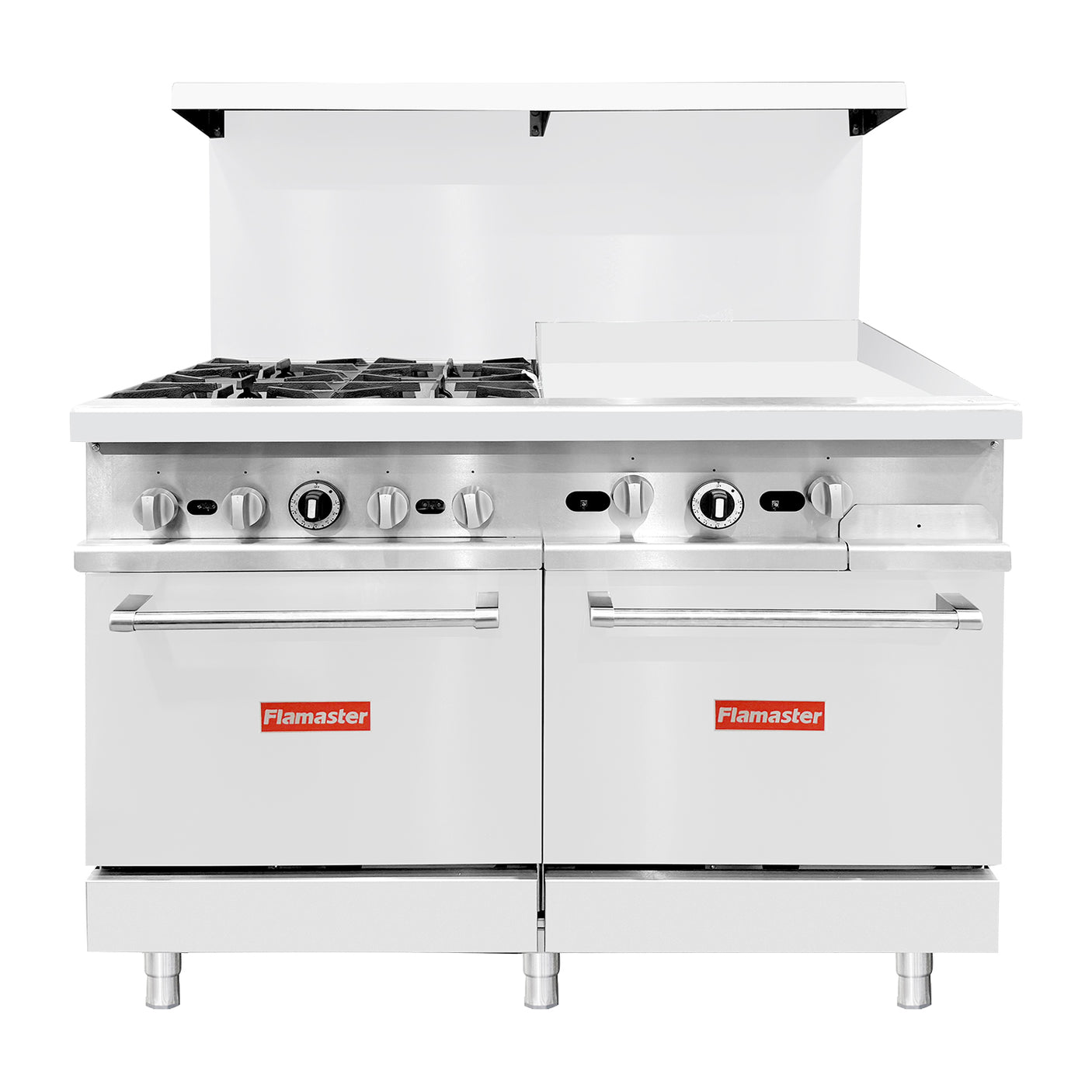 Flamaster FLM-R48-24MG 48" NG/LPG Commercial Gas Range, 4 Open Burners, 24" Griddle, and 2 Standard Ovens, 246,000 BTU