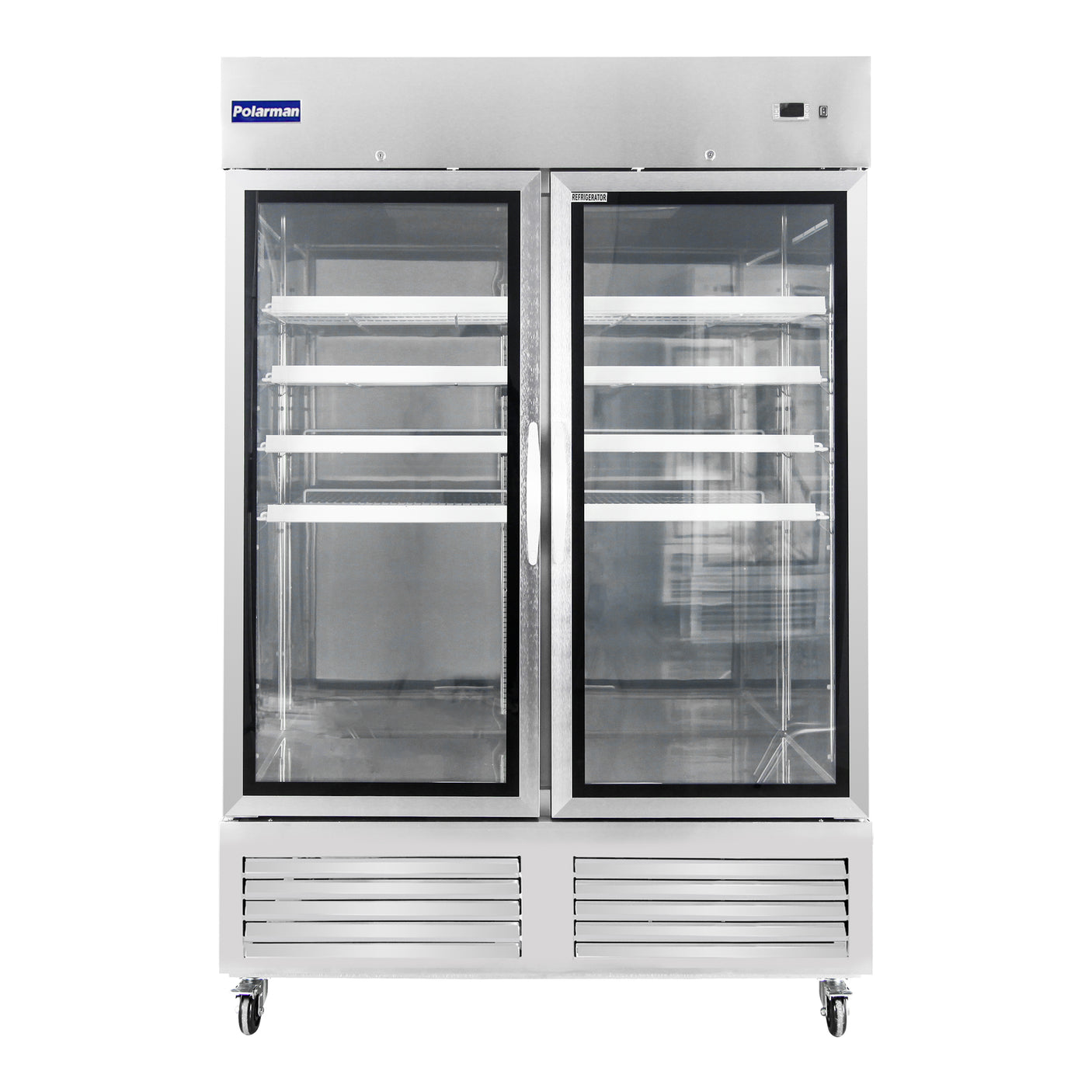 Polarman PLM-54RGS 53 15/16" Reach-In Refrigerator with Double Glass Doors with LED Lighting, Bottom Mount, Stainless Steel, 49 cu. ft.