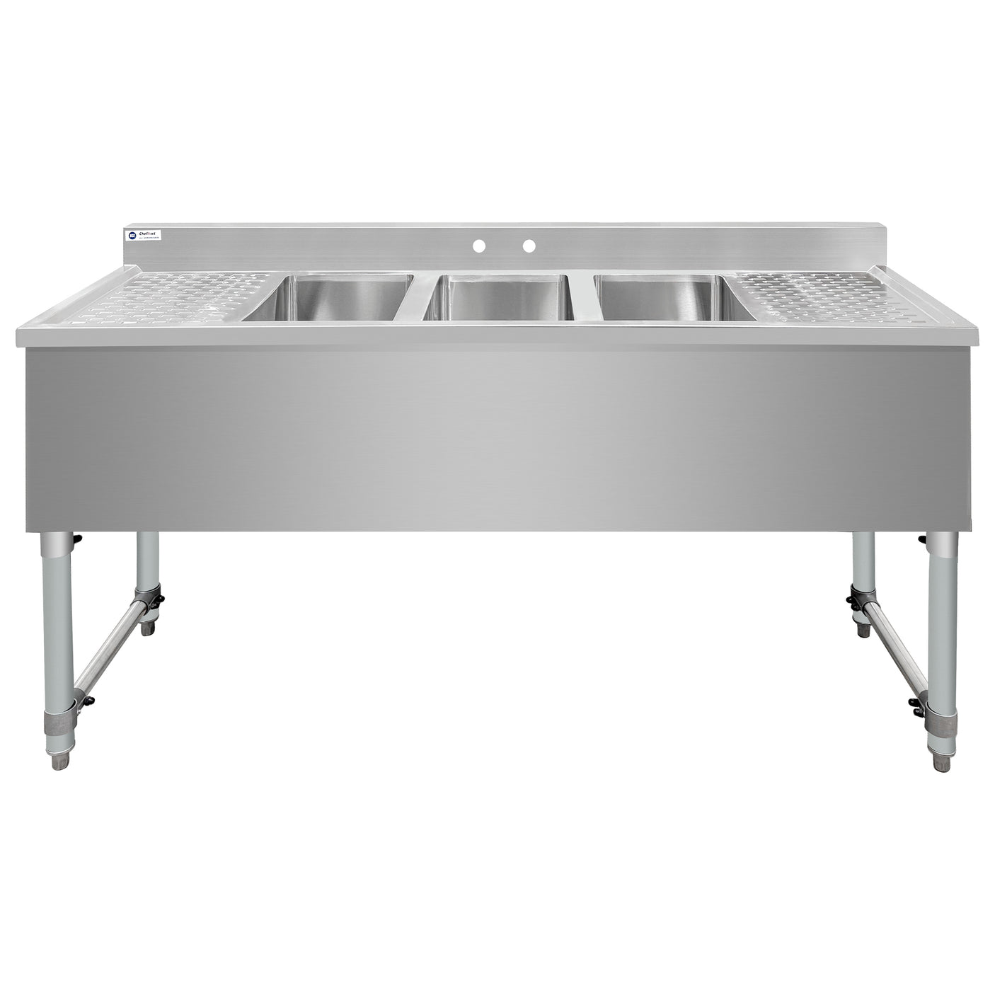 ChefAsst 60" CA-BS101410-13LR-318 18-Gauge 304 Stainless Steel Three Bar Sink with Galvanized Legs, Cross Bracing, and Two 13" Drainboards - 10" x 14" x 10" Bowl