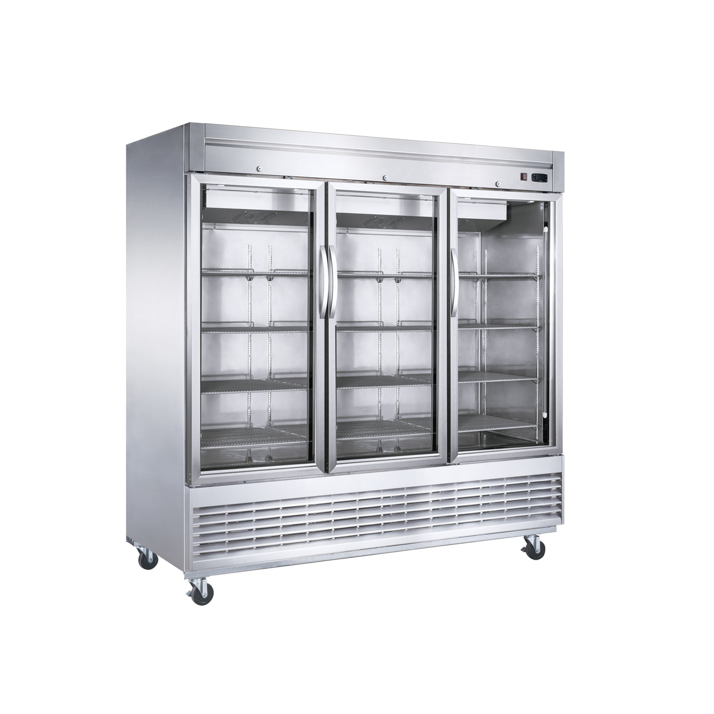 Dukers D83R-GS3 82 5/8" Three Section Glass Full Door Reach-In Refrigerator, Bottom Mount, Stainless Steel, 65.2 Cu.Ft.
