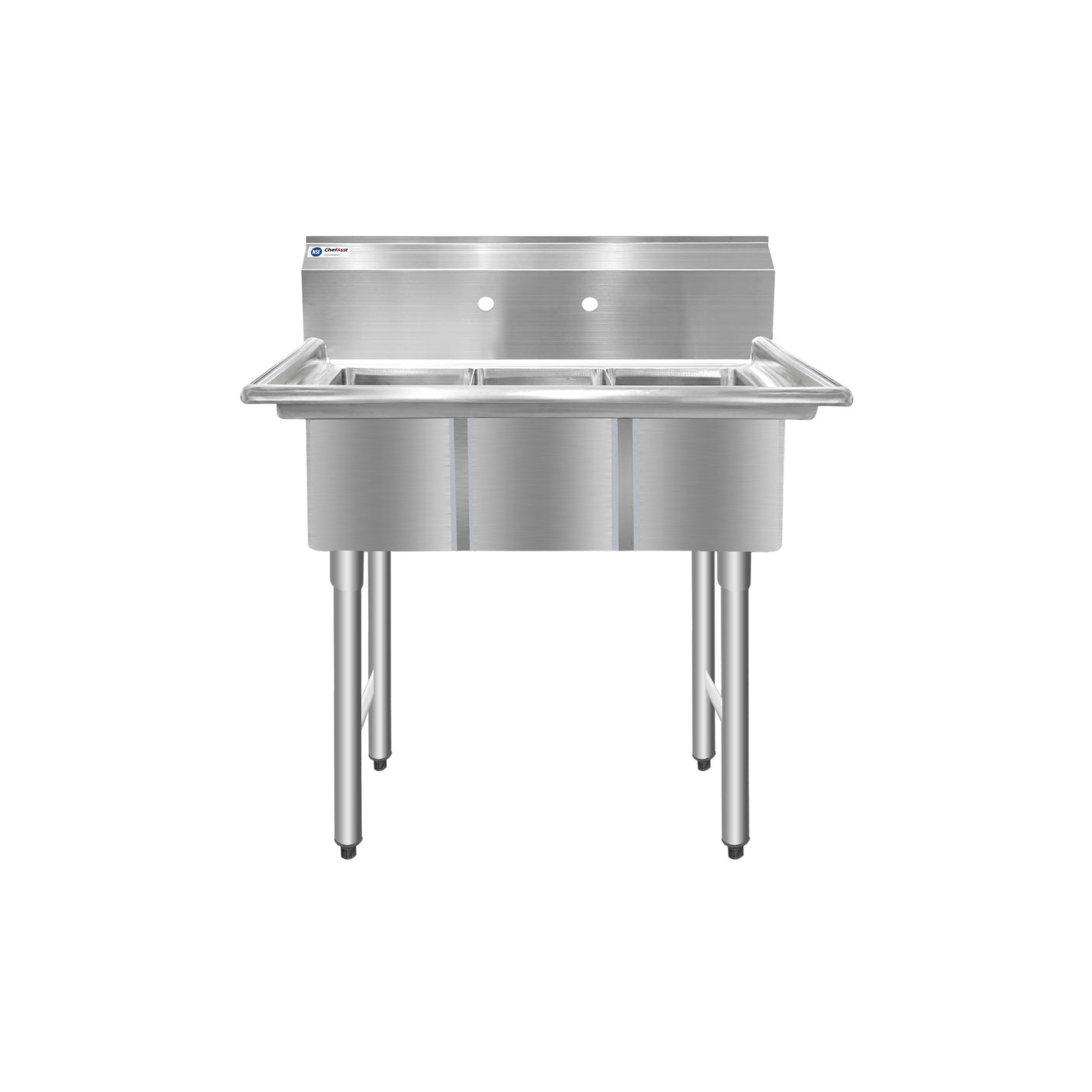 ChefAsst 36" CA-S3C101410-316 16-Gauge Stainless Steel Three Compartment Commercial Sink with Stainless Steel Legs, and without Drainboards - 10" x 14" x 10" Bowls