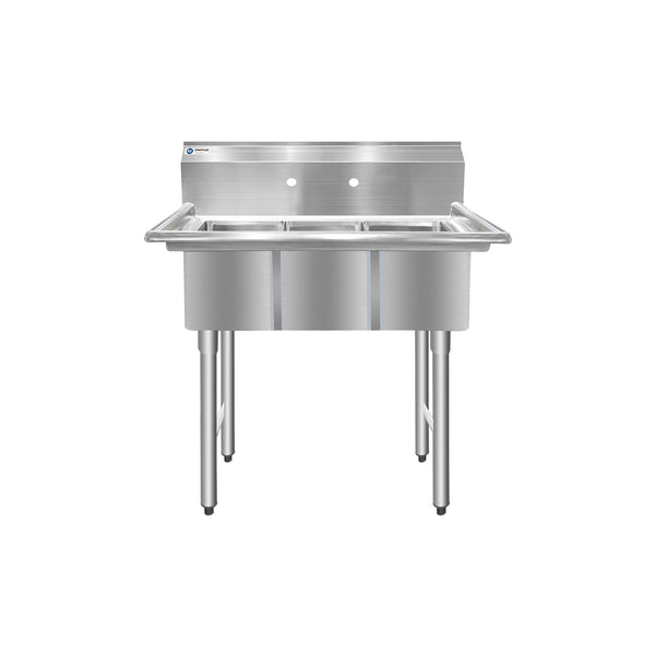 ChefAsst 36" CA-S3C101410-316 16-Gauge Stainless Steel Three Compartment Commercial Sink with Stainless Steel Legs,Cross Bracing,and without Drainboards - 10" x 14" x 10" Bowls