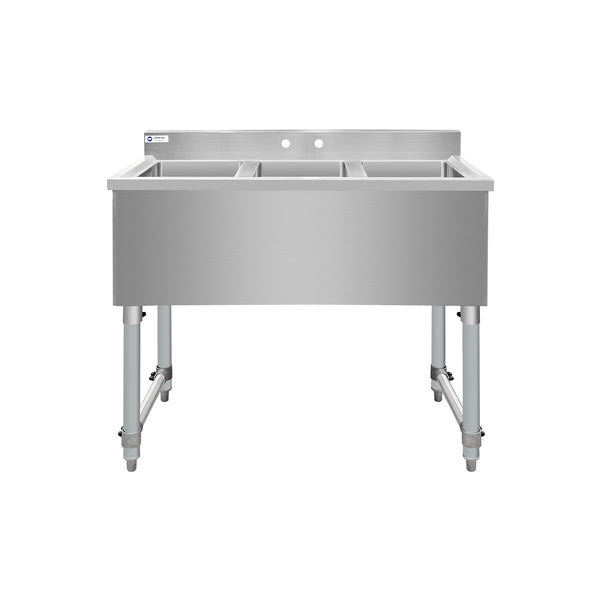 ChefAsst 38" CA-BS101410-318 18-Gauge 304 Stainless Steel Three Bar Sink with Galvanized Legs and Cross Bracing - 10" x 14" x 10" Bowl