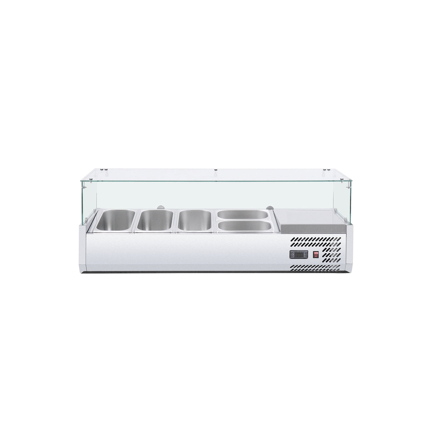 Polarman PLM-R1200L-2 47 1/5" Countertop Refrigerated Sushi Display Case with 4-Side Glass, (3) 1/4 + (2) 1/3 Size Pans