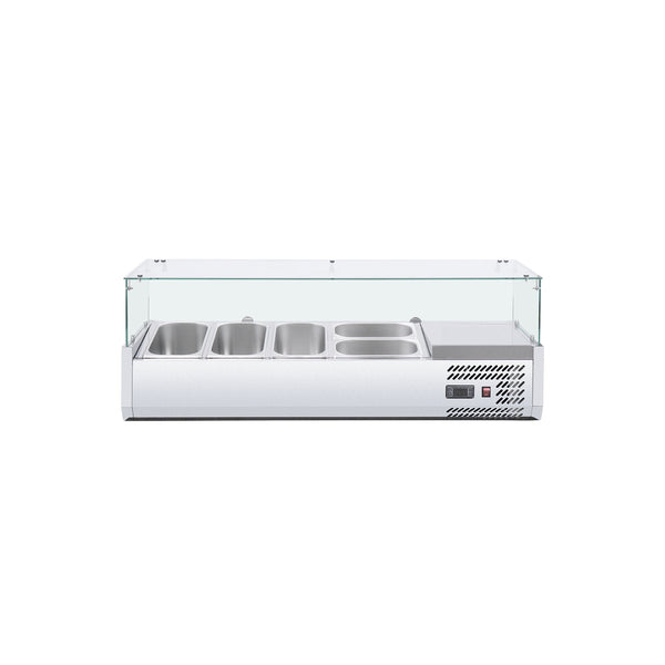 Polarman RT-1200L-2 47 1/5" Countertop Refrigerated Sushi Display Case with 4-Side Glass, (3) 1/4 + (2) 1/3 Size Pans