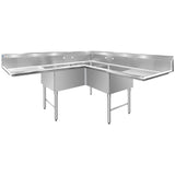ChefAsst 75" CA-S3C242414C-24LR-316 16-Gauge Stainless Steel Three Compartment Commercial Sink with Stainless Steel Legs, Cross Bracing, and Two 24" Drainboards - 24" x 24" x 14" Bowl