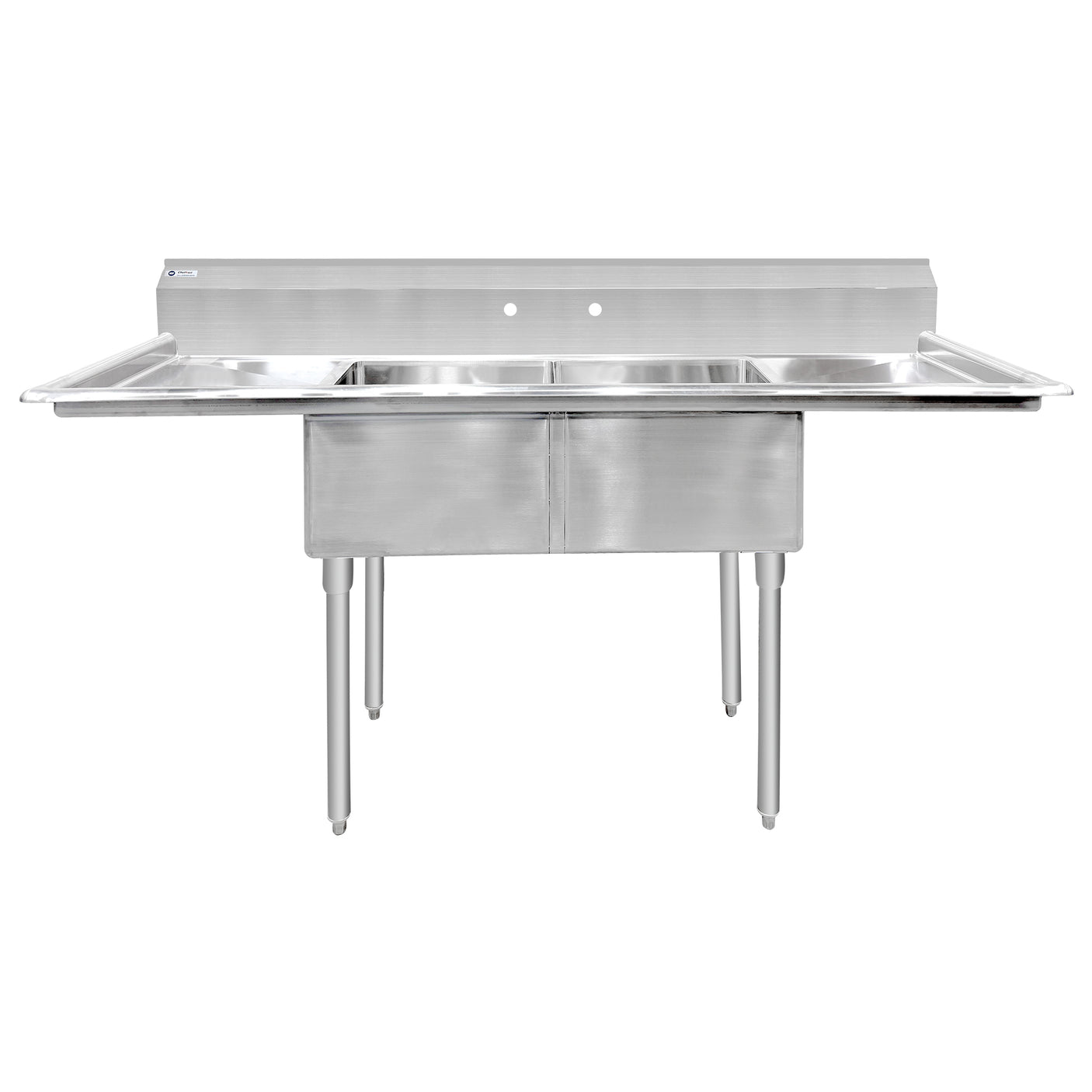 ChefAsst 72" CA-S2C181812-18LR-316 16-Gauge 304 Stainless Steel Two Compartment Commercial Sink with 430 Stainless Steel Legs, Cross Bracing, and Two 18" Drainboards - 18" x 18" x 12" Bowl