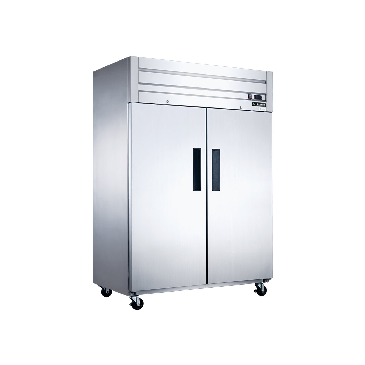 Dukers D55AR 55 1/8" Two Section Reach-In Refrigerator with Solid Full Doors, Top Mount, Stainless Steel, 42.3 Cu.Ft.