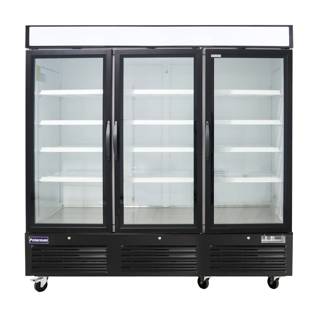 Polarman PLM-HGD72R 81" Black Refrigerated Triple Swing Glass Door Merchandiser with LED Lighting, 72 cu.ft