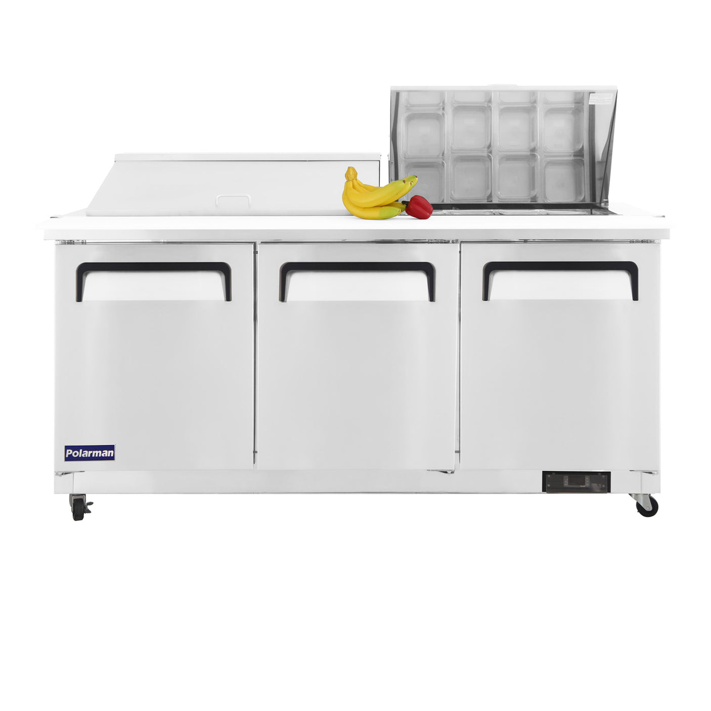 Polarman PLM-S72KS 71 3/4" Stainless Steel Mega Top Sandwich Prep Table with Three Solid Full Doors, (27) 1/6 Size Pans
