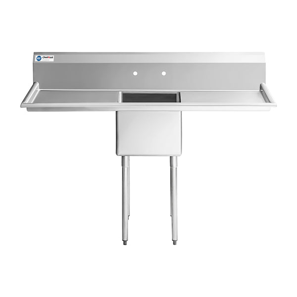 ChefAsst 55” 16-Gauge Stainless Steel Single Compartment Commercial Sink with Stainless Steel Legs，Cross Bracing,and Two 18" Drain Boards - 18" x 18" x 12" Bowl