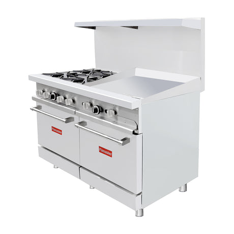Flamaster FLM-R48-24MG 48" NG/LPG Commercial Gas Range, 4 Open Burners, 24" Griddle, and 2 Standard Ovens, 246,000 BTU