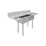 ChefAsst 54" CA-S3C101410-12LR-418 18-Gauge 430 Stainless Steel Three Compartment Commercial Sink with Galvanized Legs, Cross Bracing, and Two 12" Drainboards - 10" x 14" x 10" Bowl