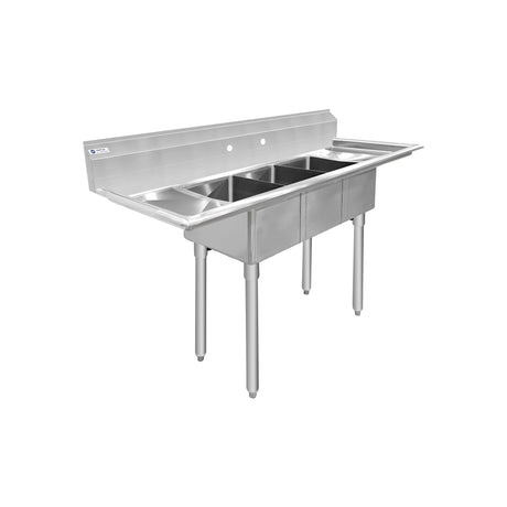ChefAsst 54" CA-S3C101410-12LR-418 18-Gauge 430 Stainless Steel Three Compartment Commercial Sink with Galvanized Legs, Cross Bracing, and Two 12" Drainboards - 10" x 14" x 10" Bowl