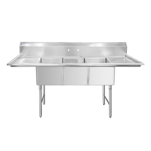 ChefAsst 91" 16-Gauge Stainless Steel Three Compartment Commercial Sink with Stainless Steel Legs, Cross Bracing, and Two 18" Drain Boards - 18" x 18" x 14" Bowl