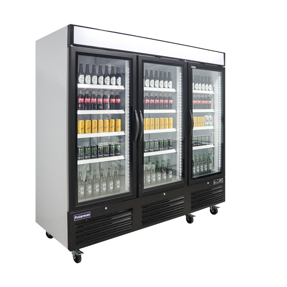 Polarman PLM-HGD72R 81" Black Refrigerated Triple Swing Glass Door Merchandiser with LED Lighting, 72 cu.ft