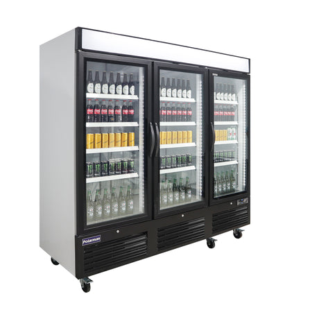 Polarman PLM-HGD72R 81" Black Refrigerated Triple Swing Glass Door Merchandiser with LED Lighting, 72 cu.ft