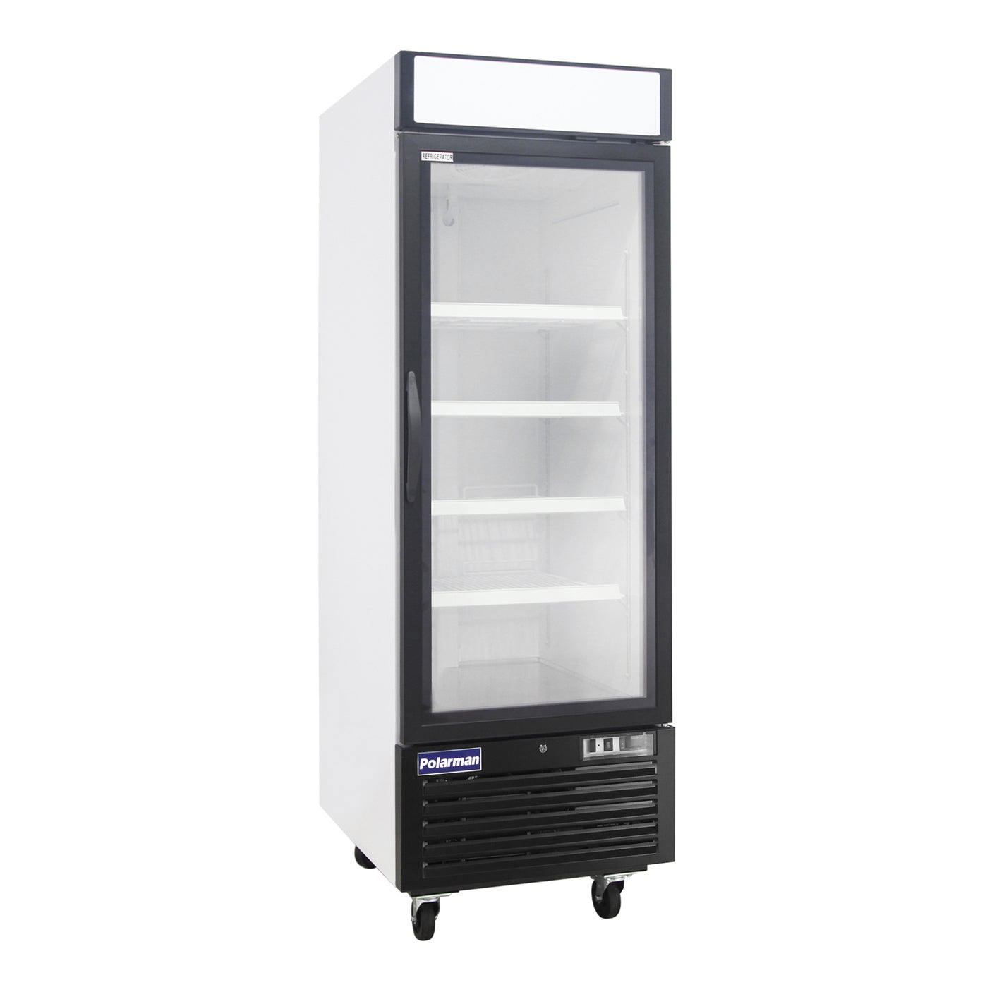 Polarman PLM-HGD23F 26 3/4" Black Single Swing Glass Door Merchandiser Freezer with LED Lighting, 23 cu.ft