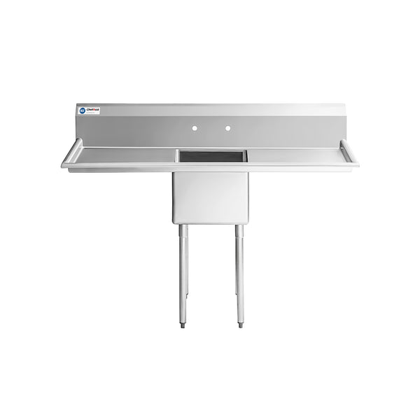 ChefAsst 55” 16-Gauge Stainless Steel Single Compartment Commercial Sink with Stainless Steel Legs，Cross Bracing,and Two 18" Drain Boards - 18" x 18" x 12" Bowl