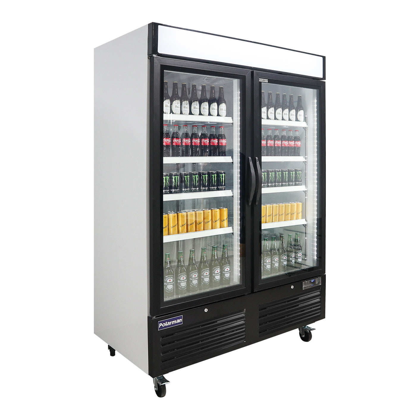 Polarman PLM-HGD48R 53 15/16" Black Refrigerated Double Swing Glass Door Merchandiser with LED Lighting, 48 cu.ft