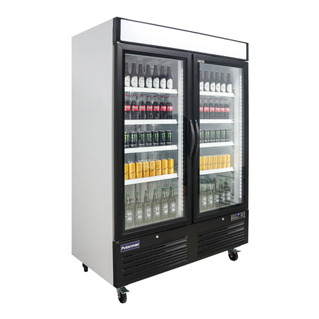Polarman PLM-HGD48R 53 15/16" Black Refrigerated Double Swing Glass Door Merchandiser with LED Lighting, 48 cu.ft
