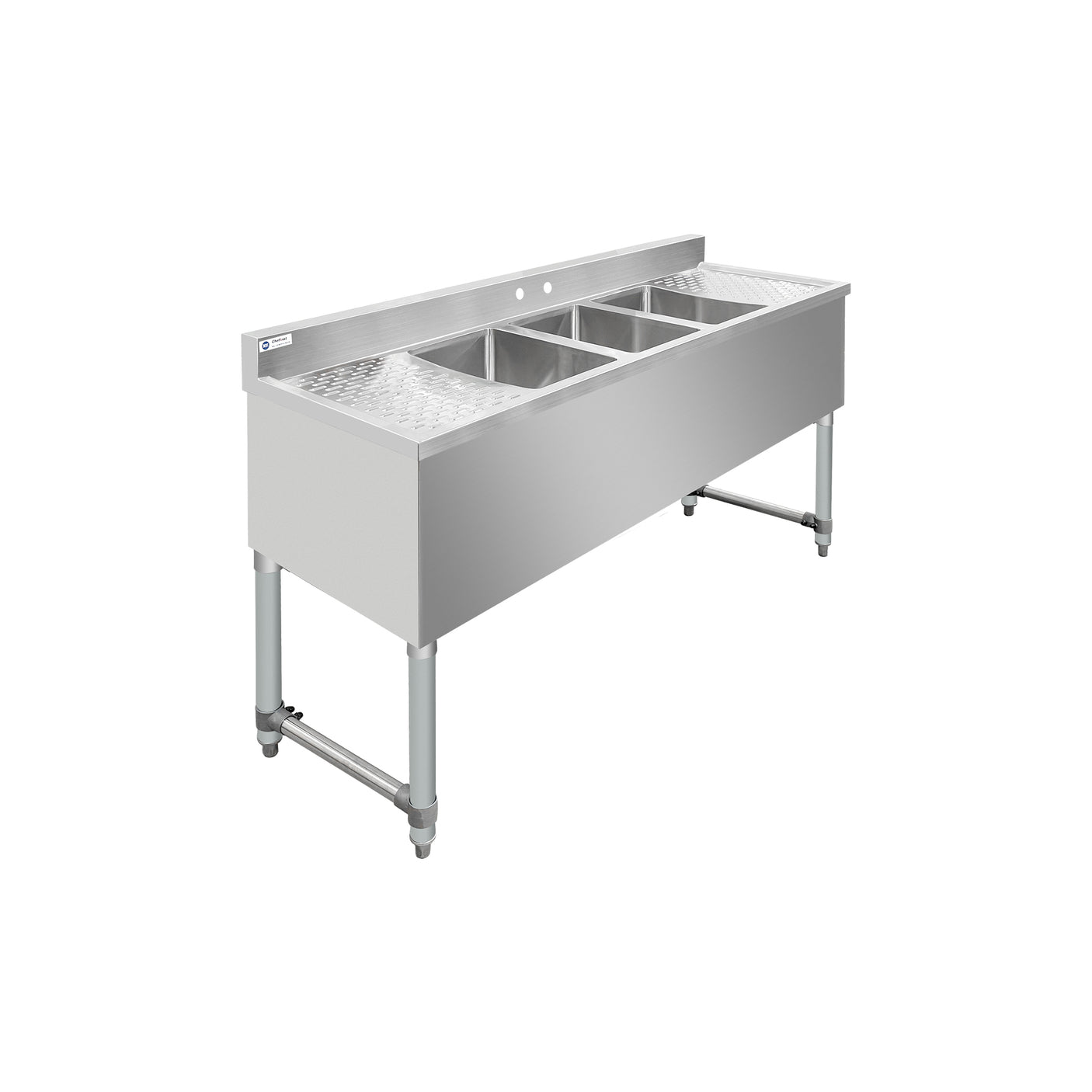 ChefAsst 60" CA-BS101410-13LR-318 18-Gauge 304 Stainless Steel Three Bar Sink with Galvanized Legs, Cross Bracing, and Two 13" Drainboards - 10" x 14" x 10" Bowl