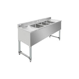 ChefAsst 60" CA-BS101410-13LR-318 18-Gauge 304 Stainless Steel Three Bar Sink with Galvanized Legs, Cross Bracing, and Two 13" Drainboards - 10" x 14" x 10" Bowl