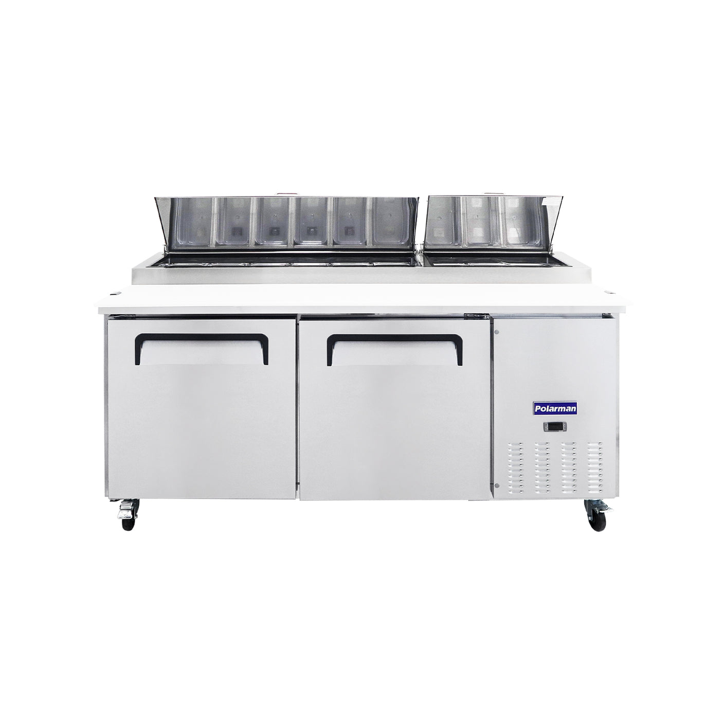 Polarman PLM-P67S 70 3/4" Refrigerated Pizza Prep Table with Two Solid Full Doors, (9) 1/3 Size Pans