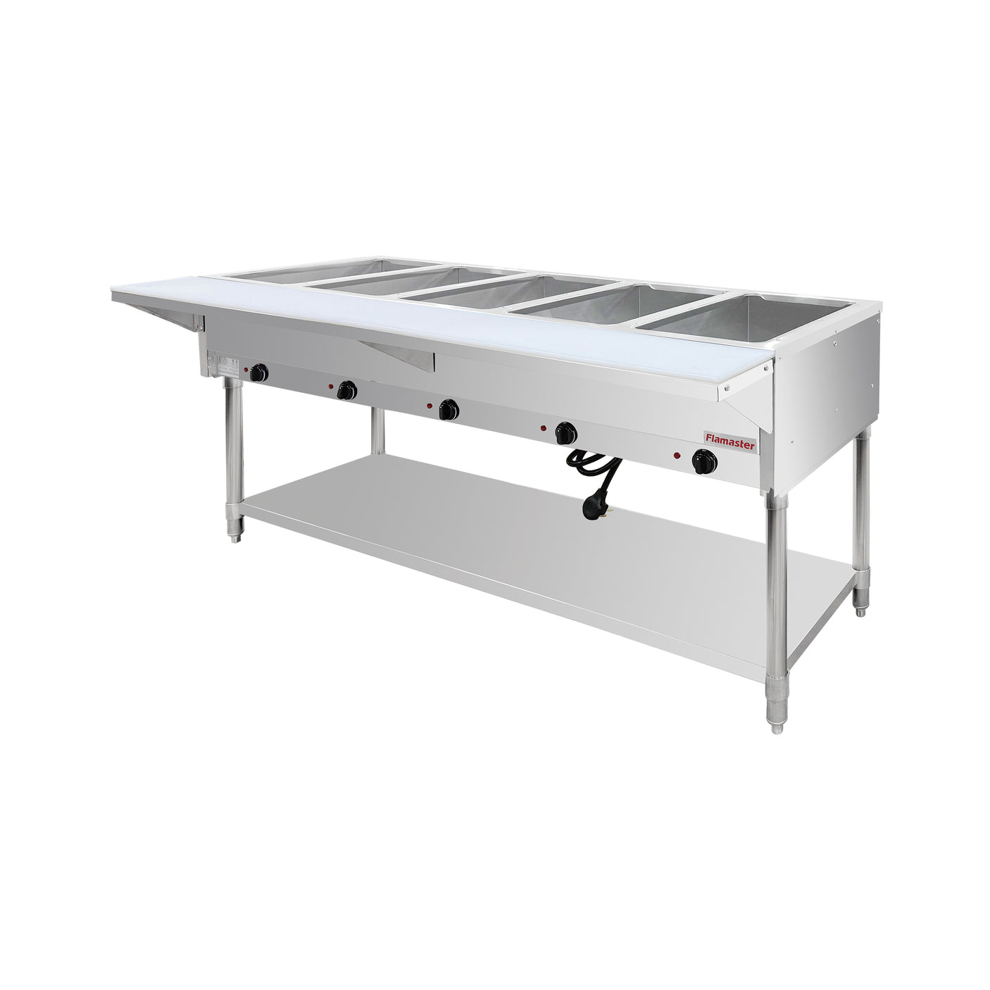 Flamaster FLM-ST5-SS Five Pan Open Well Electric Steam Table with Undershelf - 240V, 5000W